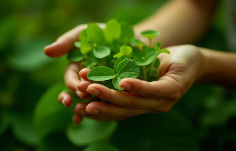 Hands gently touching lush green leaves or organic plant ingredients.