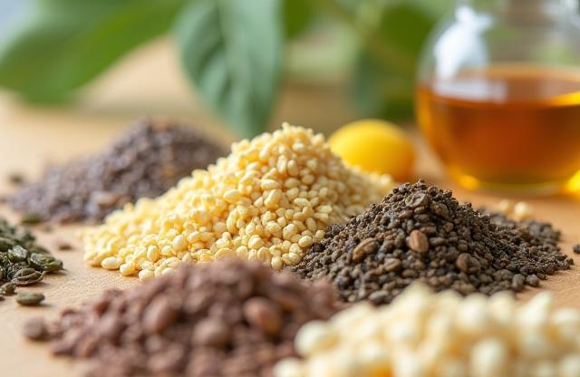 Close-up of natural ingredients like seeds, flowers, or botanical extracts.